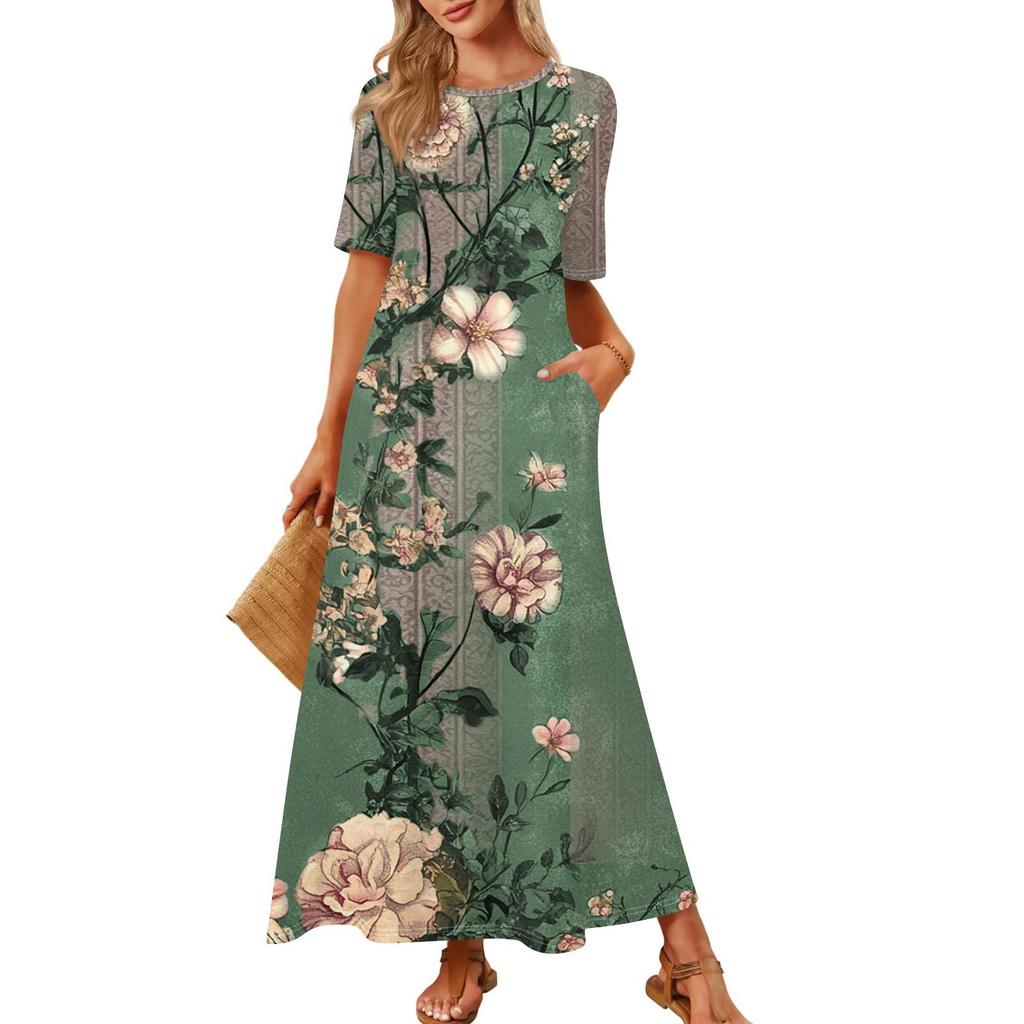 Women's Fashionable And Casual Long Beach Skirt Round Neck Short Sleeved Loose Retro Print Dress