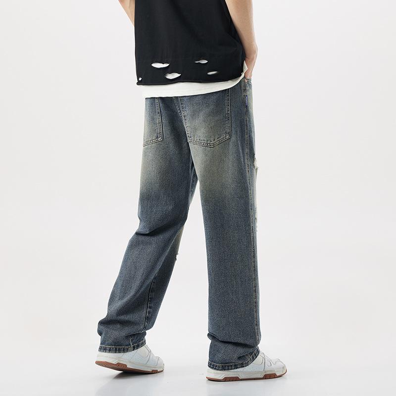 Rotten hole jeans men's summer retro loose wash American ripped hole high street straight wide leg casual trousers men