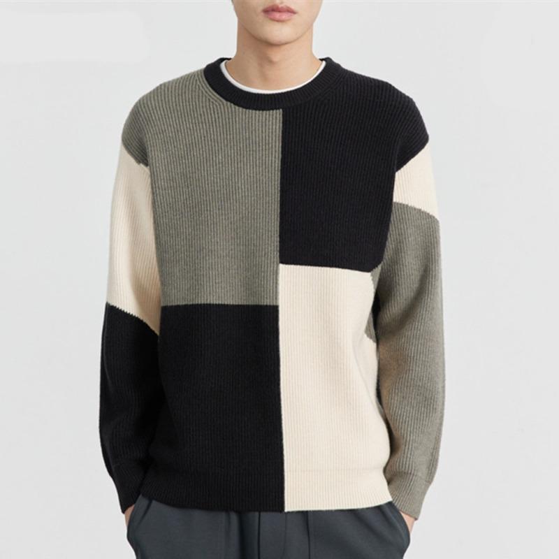 

High-end Contrasting Color Splicing Crew Neck Sweater for Men In Autumn and Winter Slightly Loose Lazy Style Sweater Thick Sweater M
