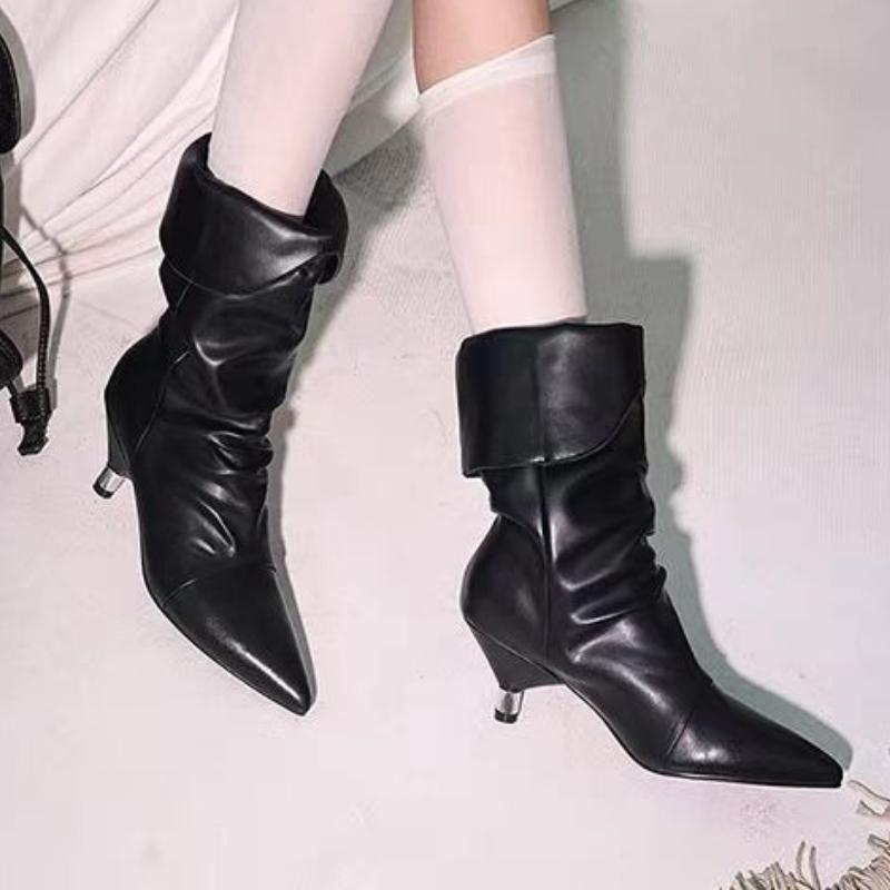 Fashion Designer 2025 New Women Ankle Boots Pleated Pointed Toe High Heels Shoes Sexy Dress Party Winter Goth Fashion Boots Woman Pumps