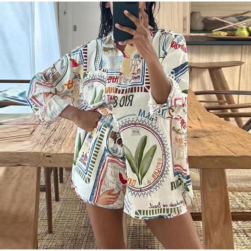 

Модный принтованный костюм с рубашкой и шортами для женщин, летний женский комплект с коротким рукавом и однобортным топом, шикарные женские брюки S