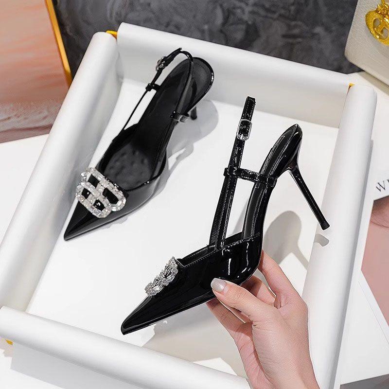 Shallow mouth one-word single shoe buckle temperament B rhinestone belt niche pointed sandals high heels