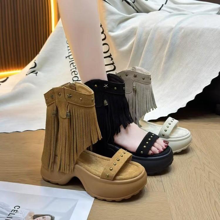 Mode Retro Nieten Fransen Zehenfreie Sandalen Damen Sommer Neu Nischendesign Vielseitige Coole Stiefel