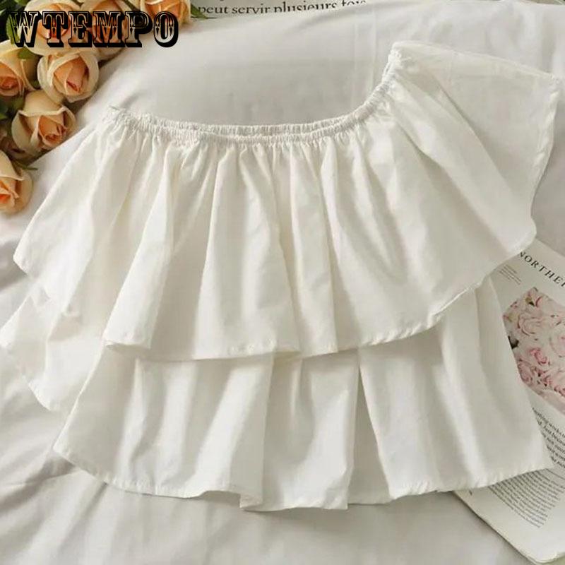 Sweet Off Shoulder Ruffled Top Women White Short T-shirt High Waist Navel Expose Sexy Desire Sleeveless Sloping Shoulder Summer