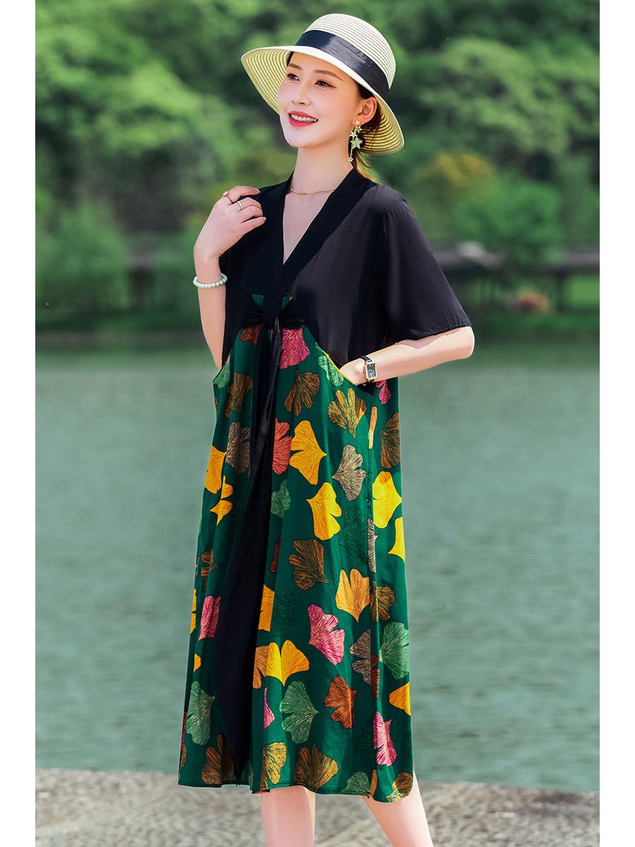 

Платье макси с V-образным вырезом и шнуровкой, кружево с листьями гинкго - Весна/Лето XL