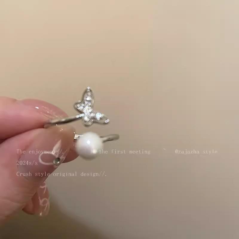 Butterfly Pearl Zircon Open Ring Niche Design Girlfriend Index Finger Ring Light Luxury Adjustable Ring