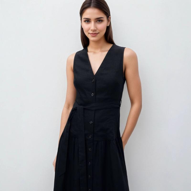 Um Vestido Sem Mangas com Decote em V com um Estilo Feminino Refinado e Elegante para o Trabalho