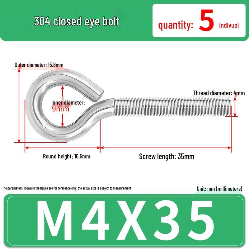 304 Stainless Steel Eyebolt with Ring Hook – Machine Thread Closed Eye Bolt (M4 M5 M6 M8)