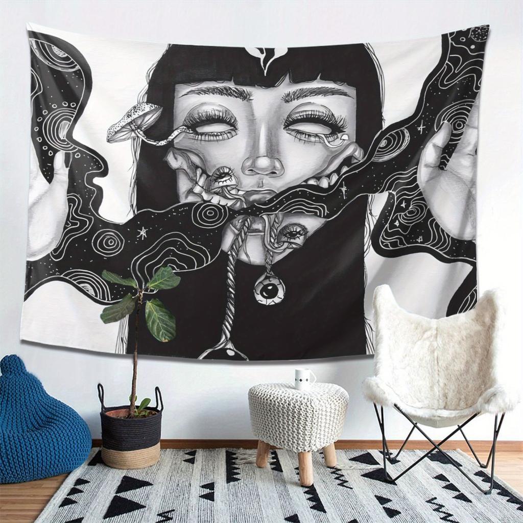 Black White Woman Kissing Snake Tapestry, Gothic Intricate Female Face Art Wall Hanging For Living Room Bedroom Office Bar Decor