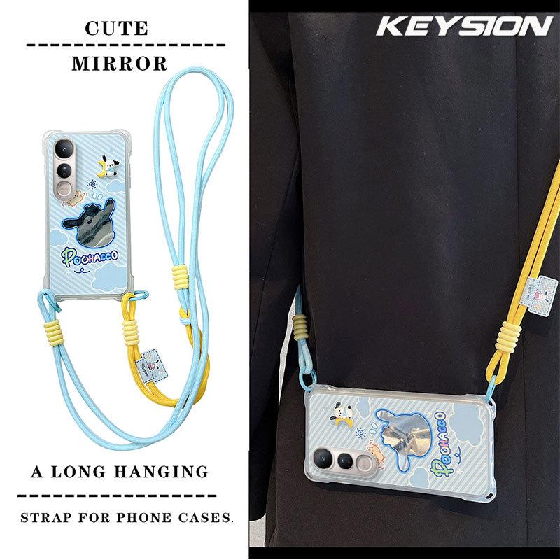 KEYSION Crossbody Strap Phone Case for VIVO V50 Lite 5G Cute Cartoon Long Lanyard Mirror Shockproof Cover for VIVO V50 Lite