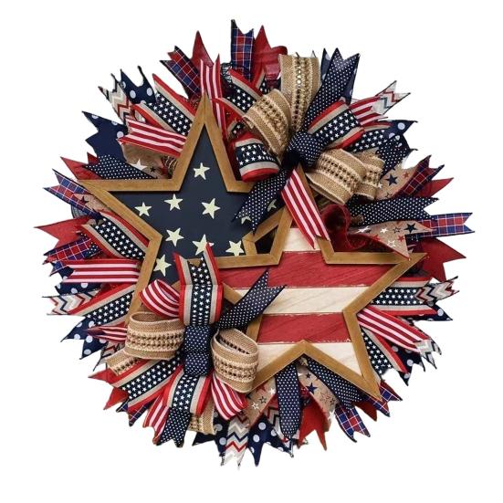 Wooden 4th of July Door Sign for Front Door, Red White Blue Patriotic Hanging Wreath for Independence Day, 250th Anniversary, Home Porch Wall Indoor