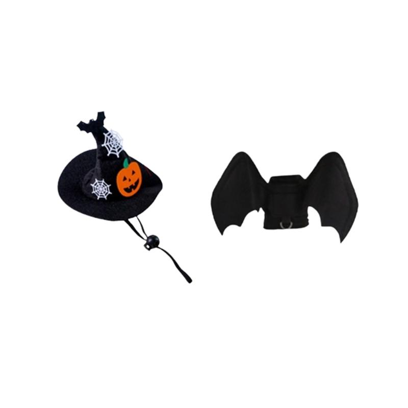 Halloween Seasonal Pet Costume Set with Pointed Hat Wing Panel Collar Charm Soft Fabric Look for Photo Parties and Home Use