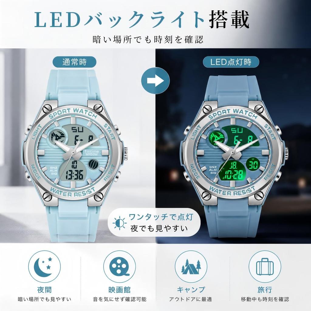 Digital Analog 50M Water LED Sport Watch Women's Watch, Resistant, Light, Alarm,