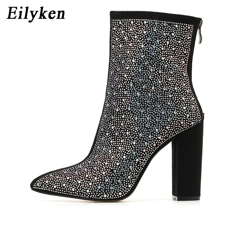 Fashion Eilyken Fashion Sexy Banquet Women's Boots Thick With Shiny Rhinestones Nightclub Square High Heel Zapatos Mujer