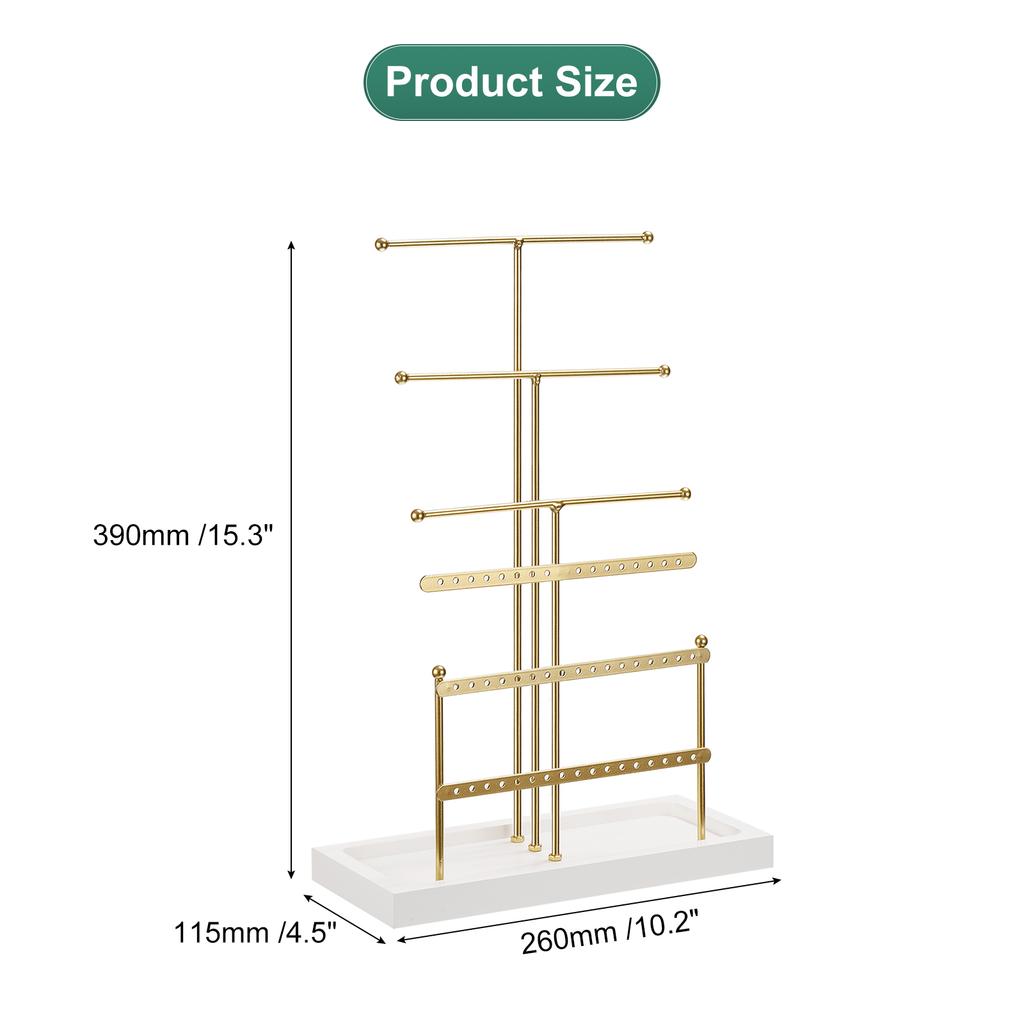 Jewelry Stand Holder 6 Tier Metal Necklace Display Organizer Earring Tower with Wood Tray for Bracelets Rings Necklaces Gold