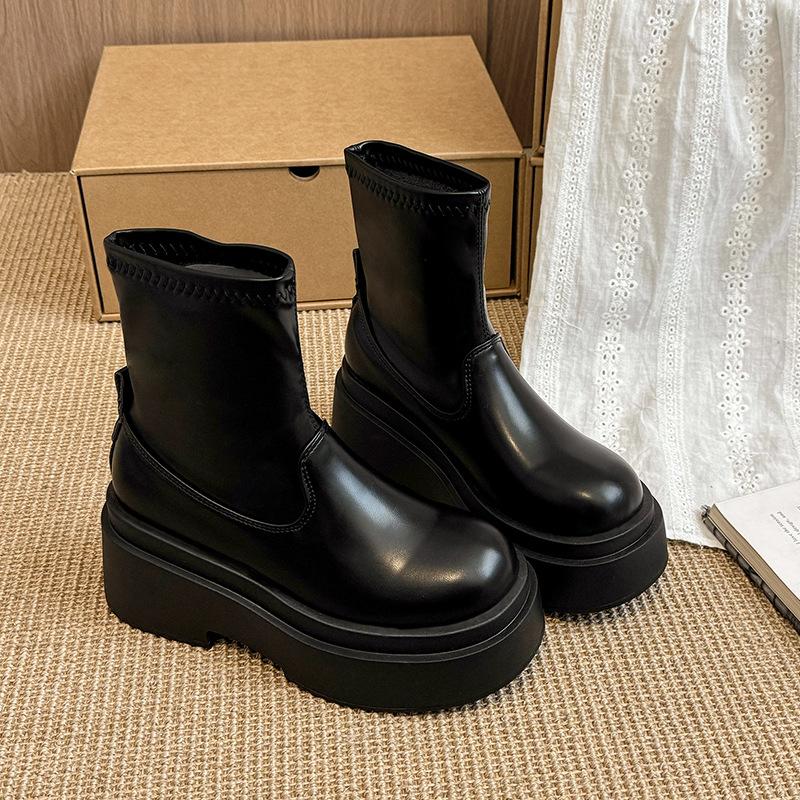 

Platform Stretch Black Short Boots Women s 2026 Autumn Height Increasing Ankle Boots for Women Thick Sole Slip on Shoes Fashion 35 чёрный
