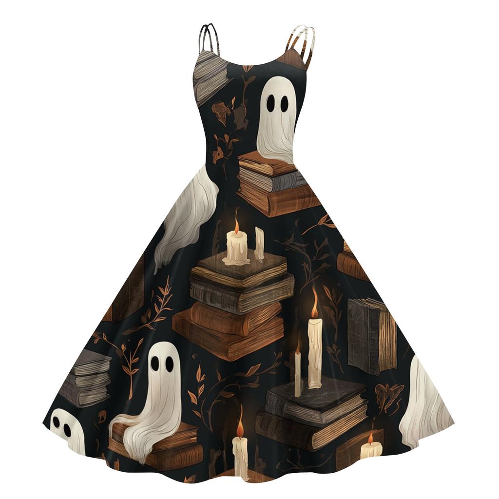 Women's Fashion Off-Shoulder Flared Dress with Halloween Print, Vintage