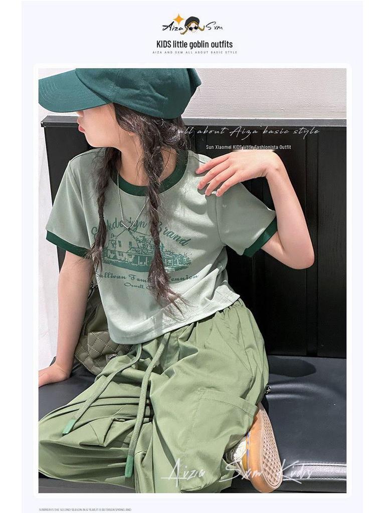 2026 Sommer Koreanischer Stil Sportliche Cargohose & T-Shirt Zweiteiliges Set für Mädchen