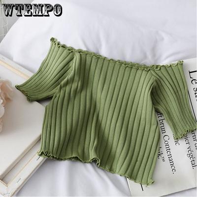 Ruffle Hem Tees Women Short Sleeve Knitted Crop Top Off Shoulder Flexible T-shirts Female Solid Tops Summer