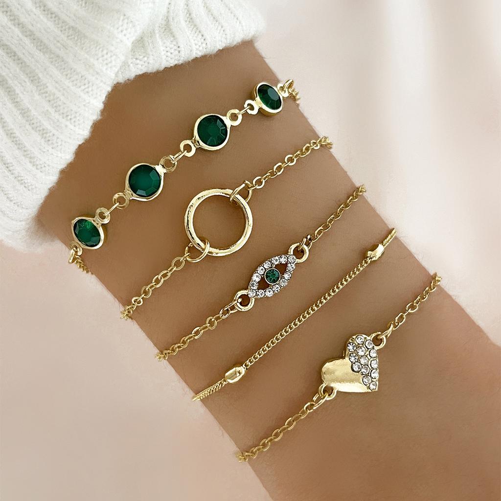 5PC Green Crystal Stone Bracelet Set for Women Cuff Bangle Lovely Snake Eye Rhinestone Girls Bracelet Jewelry