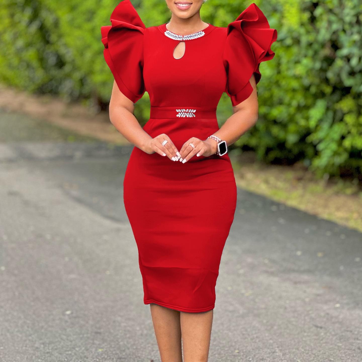 

Women O Neck Dresses Ruffles Sleeve Diamond Plus Size Elegant Bodycon Package Hips Dress 2026 XXXL червоний