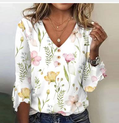 2024 Foreign Trade Cross-border New Women s Casual V-Neck Three-quarter Sleeve Loose Pullover Digital Print Women s T-Shirt S