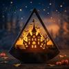 Decorative Lights for Home Halloween Triangle LED Lantern Tumbler Shape Night Light with Witch Ghost Glass Silhouette Shadow Box Pumpkin Battery