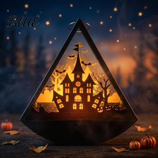 Decorative Lights for Home Halloween Triangle LED Lantern Tumbler Shape Night Light with Witch Ghost Glass Silhouette Shadow Box Pumpkin Battery