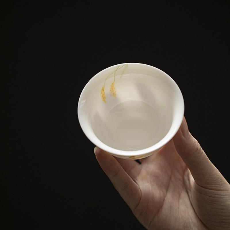 Hand-Painted Wheat White Porcelain Tea Cup - Large Zen Master Cup for Home, Pu-erh Tea andmade Ceramic Drinking Gift