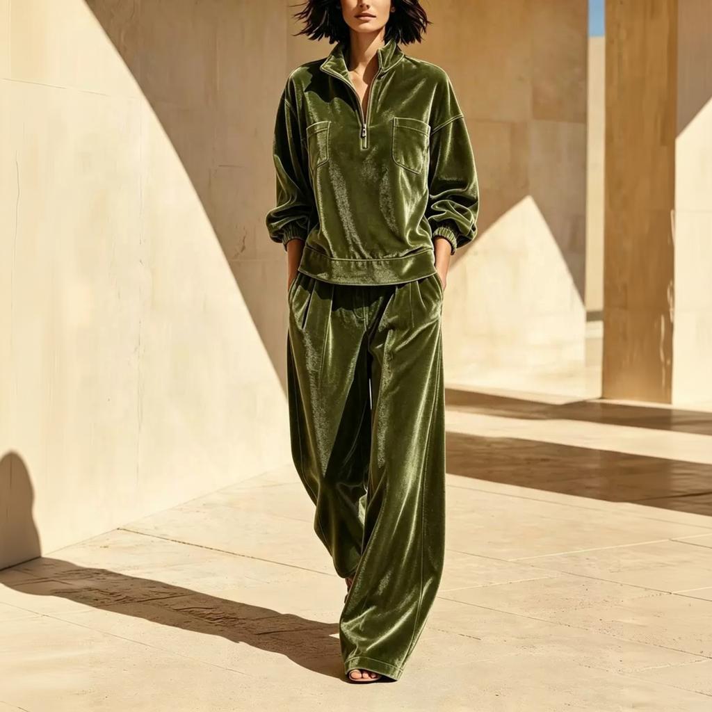 Women's Casual Velvet Two Piece Set Long Sleeve Sweatshirt and Wide Leg Pants