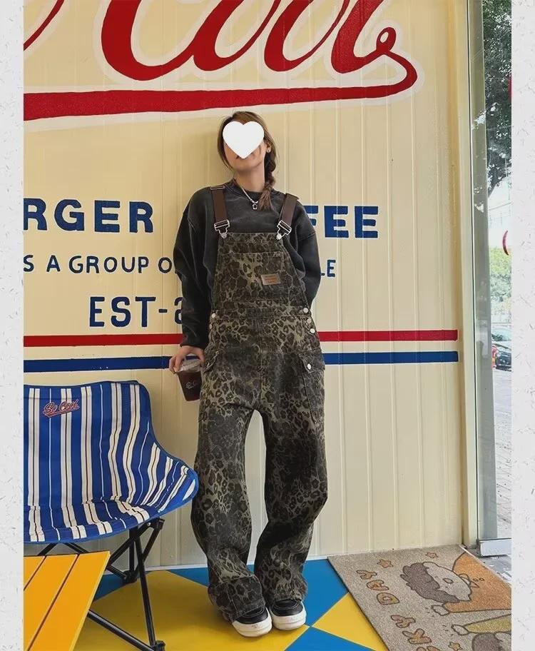 Unisex American Retro Loose Straight Leopard Print Overalls – New Street Style Washed Wide-Leg Multi-Pocket Pants Trend