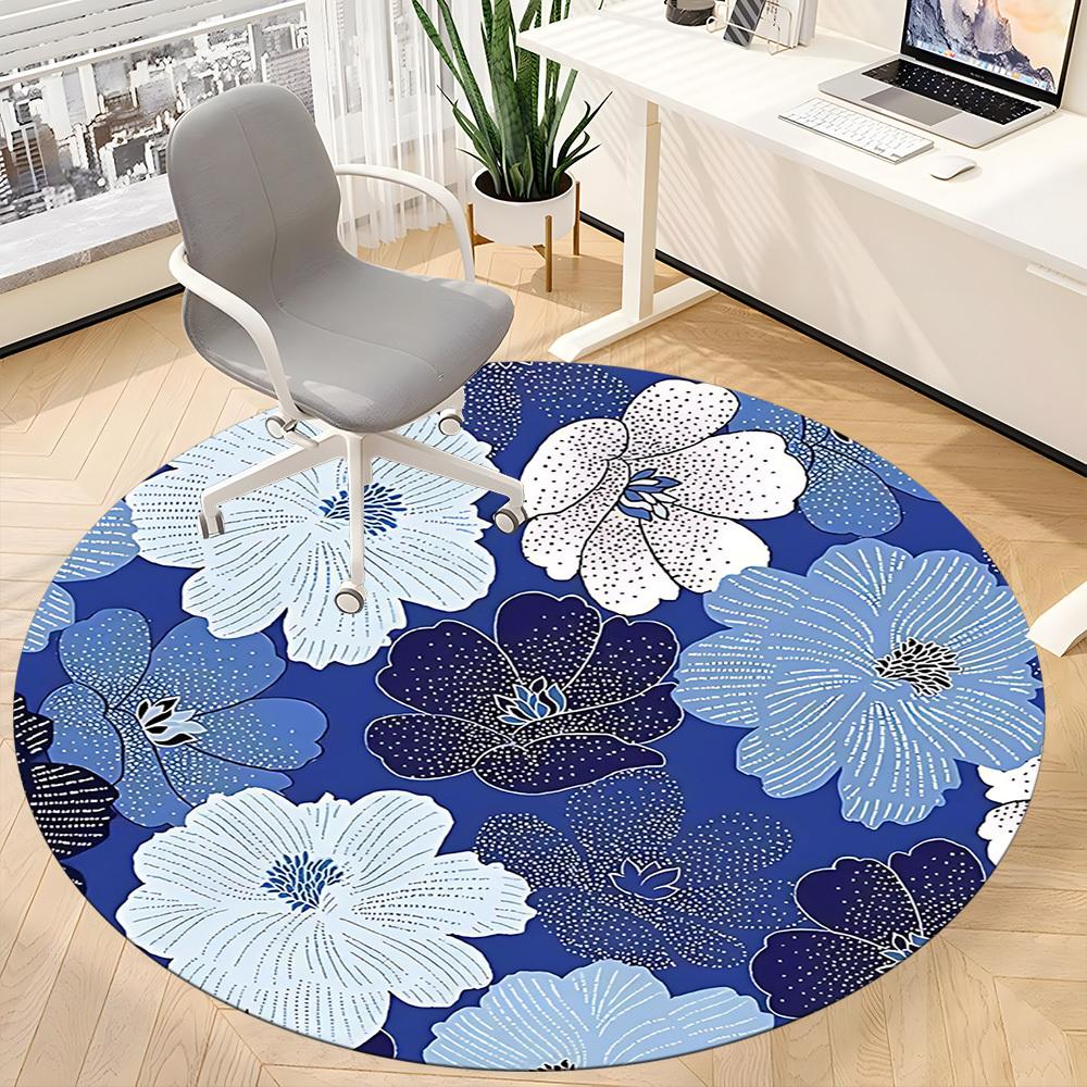1pc Floral Blue Office Round Area Rug,  Mat Suitable For Office, Under Office Chairs Bedroom Living Room Home Decor, Room Deco