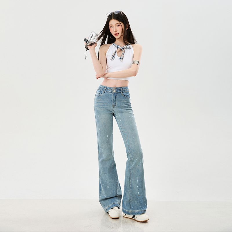 Early Spring Shiny Full Star Rhinestone High Waist Slim Horse Hoof Micro Flare Denim Pants For Women Casual Pants Oversize Denim Trousers