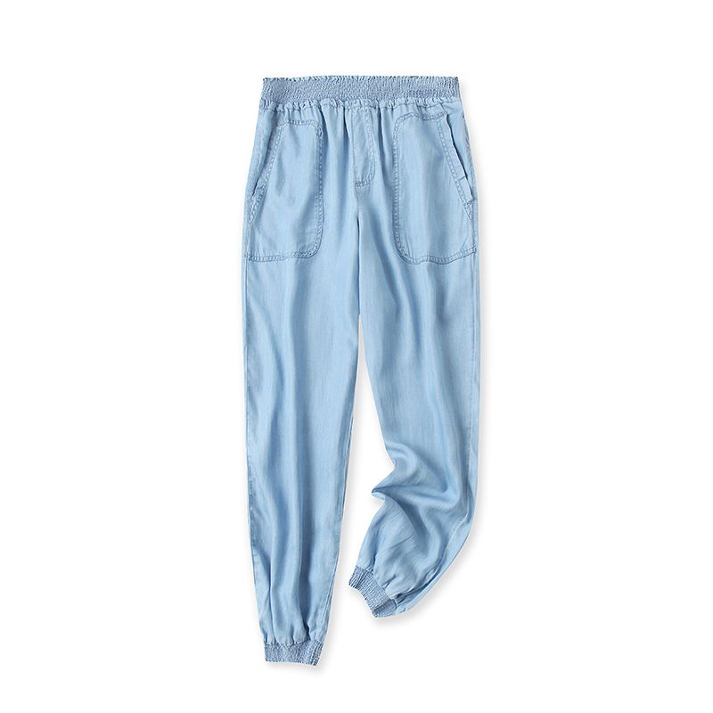 Tencel Casual Pants Spring & Fall New Arrival Foreign Trade Women's Clothing Elastic Waistband Lace-up Pocket Drawstring Thin Pants 27651
