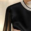 Spring Autumn Women's Round Neck Blouse High-end Pearl Satin Shirt Top