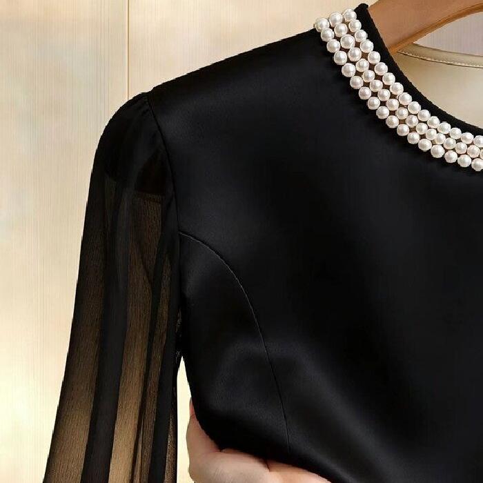 Spring Autumn Women's Round Neck Blouse High-end Pearl Satin Shirt Top