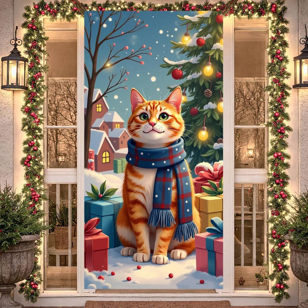 Cat Theme Christmas Banner Snowy Scene Wreath Kitten Christmas Party Decoration Backdrop Xmas New Year Party Photo Shoot Prop