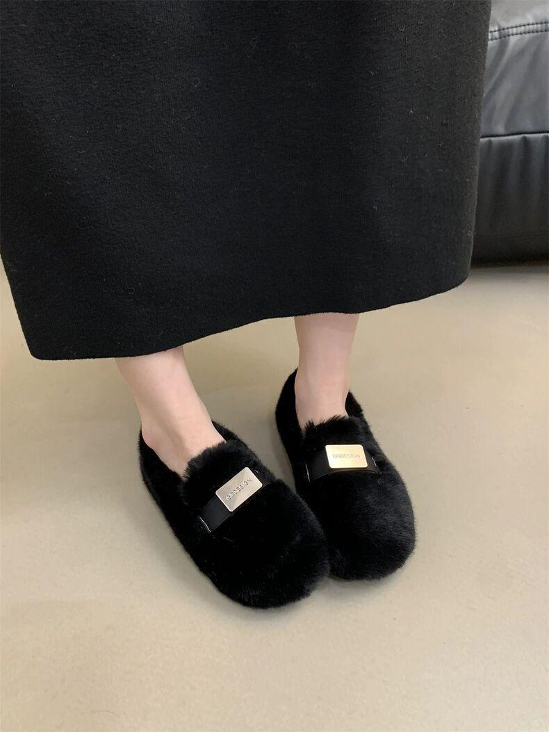 

Zhongjia плюшевые одинарные туфли женские 2025 осень и зима новая модная плоская мягкая теплая хлопковая обувь Doudou 39 чёрный