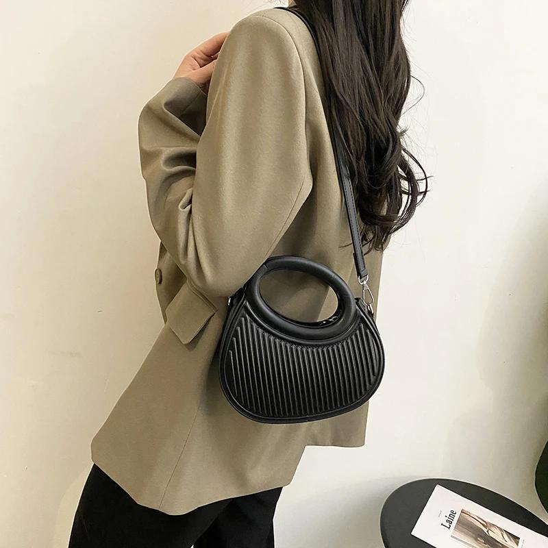 Half Moon Small Shoulder Bag For Women  Spring New Green Purple Handbags Pleated Design Pu Leather Crossbody Round Hand Bag