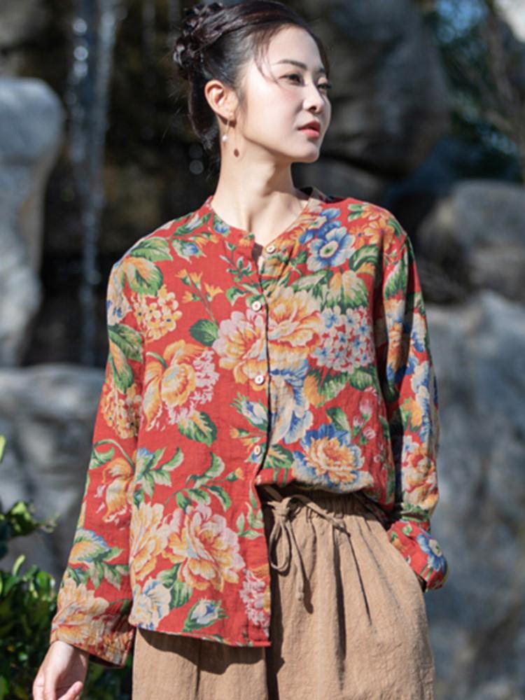 Johnature Damen Vintage Print Frühling Hemden Stehkragen Langarm Baumwolle Oberteile Chinesischer Stil Weiche Damen Knöpfe Hemden