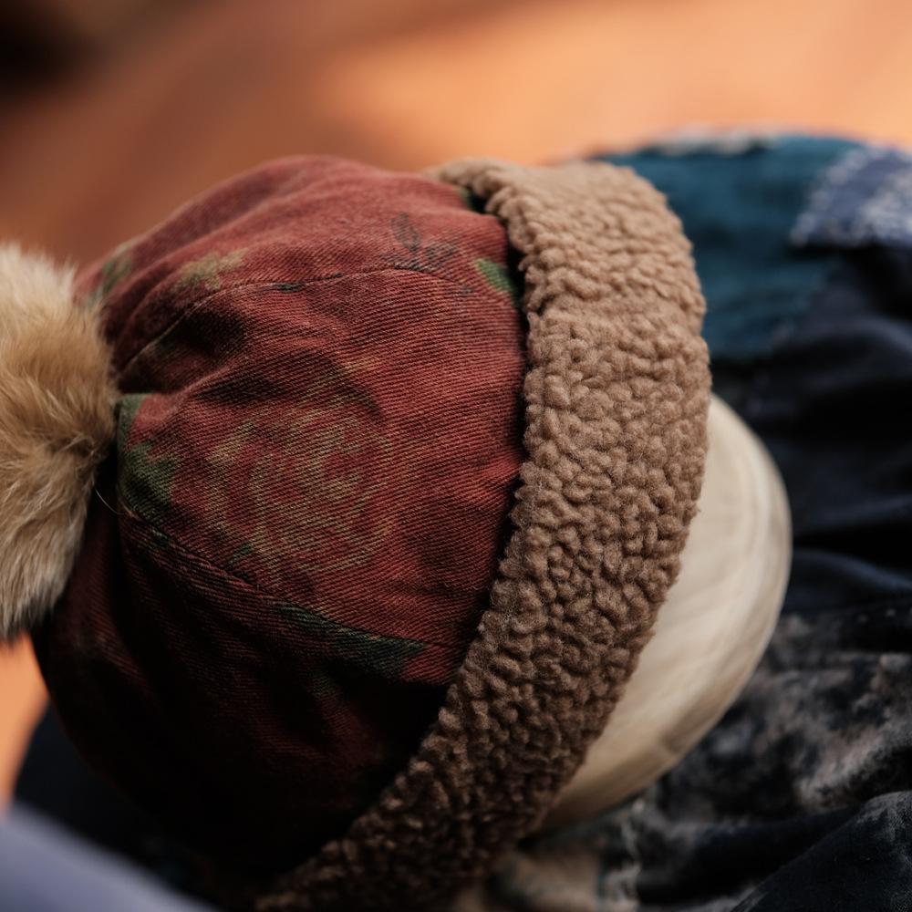 Johnature Women Vintage Red Floral Warm Patchwork Wool Hat