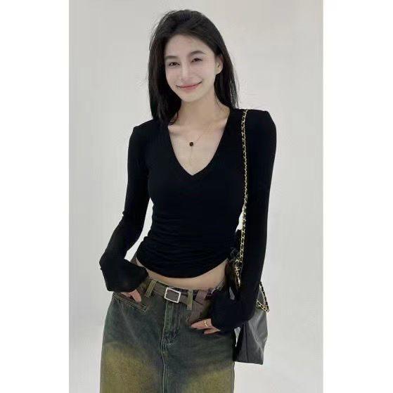 

Women s Solid Color V-Neck Long Sleeve Slimming Base Layer Top for Early Spring S (Suggests Up to 90 Jin) чёрный