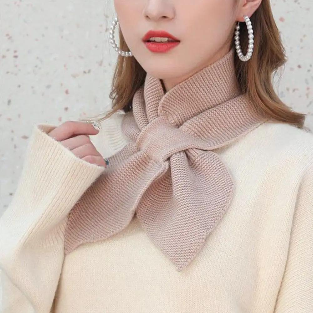 Korean Women Bowknot Cross Knit Ring Neck Scarves Fashion Female Autumn Winter Solid Color Elastic Soft Wool Warm Scarf
