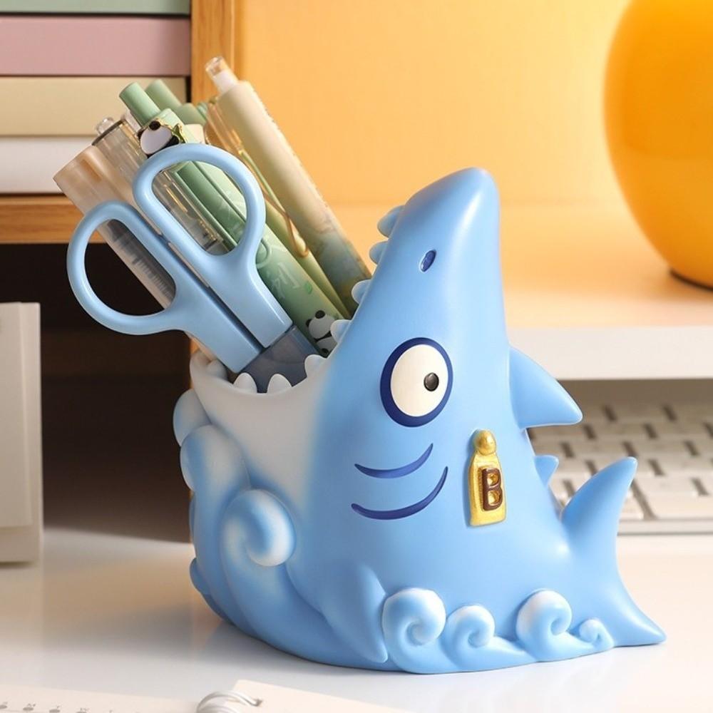 Cartoon Shark Pen Holder Creative Stationery Storage Box Study Room Resin Pen Holder  School