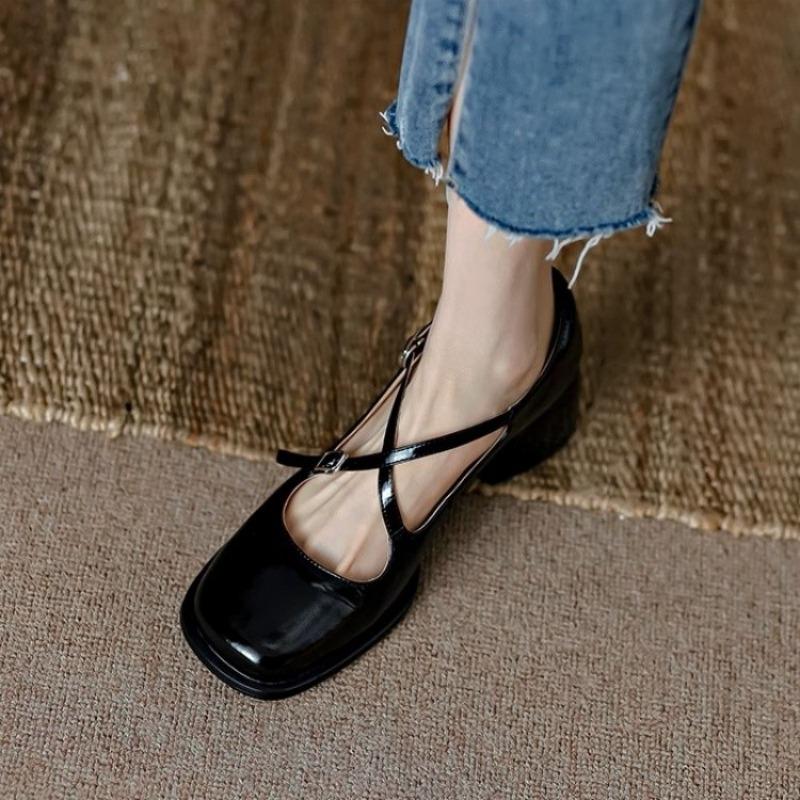 Fashion Cross Buckle Mary Jane Women Low Heel Square Toe Vintage French Shallow Single Block Heel Plus Size Women's Shoes