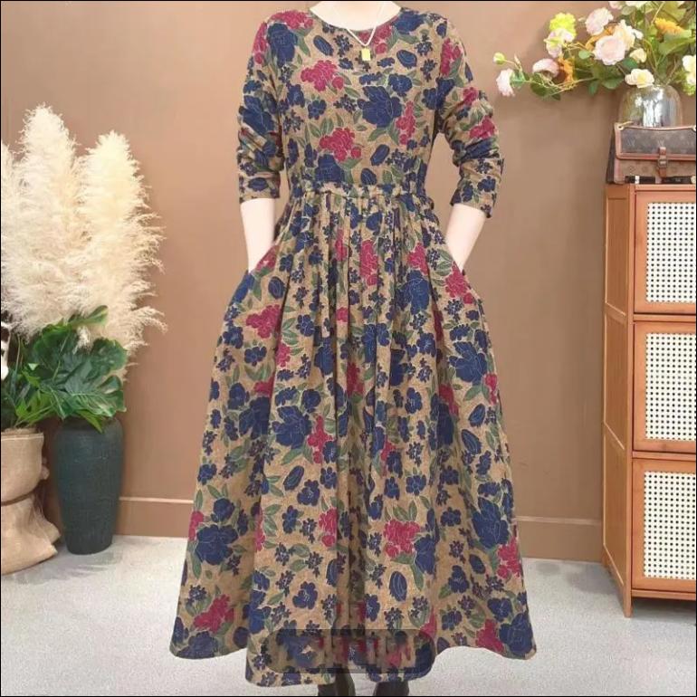 Cotton and Linen Dress Spring Autumn Style Printed Long-sleeved Slimming Retro Floral Temperament Casual Long Skirt