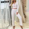 GMXIA Homewear Rolled Edge V-neck Long-sleeved Pajamas Women Can Be Worn Outside Trousers Two-piece Set