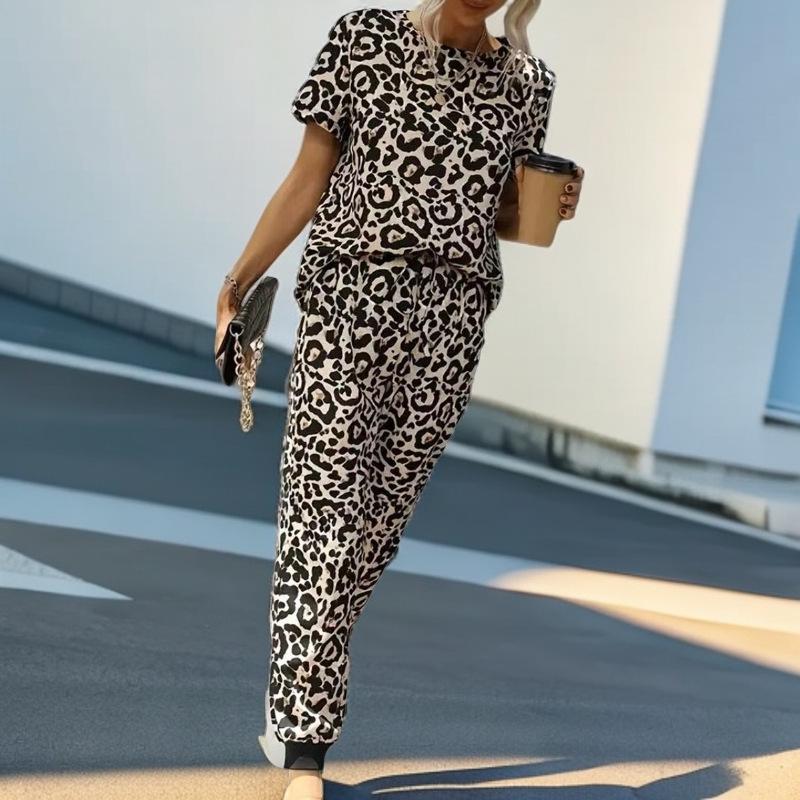 

Tooxika Новый повседневный женский костюм с леопардовым принтом, топ с короткими рукавами и брюки, костюм из двух частей XXL
