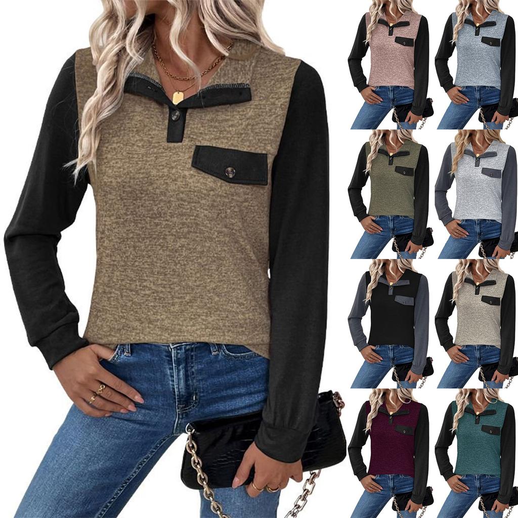 Women's Contrast Color Stitching Top Pullover Lapel Button Casual All-match Top