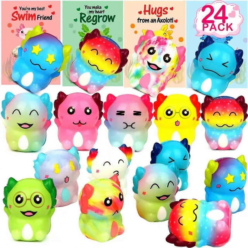 24PCS Axolotl Mochi Squishy Toys for Classroom, Gifts for Kids with Exchange Cards, Classroom Party Favors for Boys and Girls, Funny Stress Relief Toy
